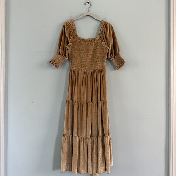 Baltic Born Vivaldi Smocked French Gold Velvet Puff Sleeve Midi Dress - Picture 3 of 6